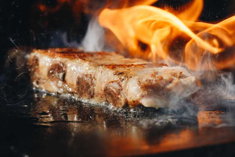 bbq roast marinated baby back pork ribs close up hot flaming grill