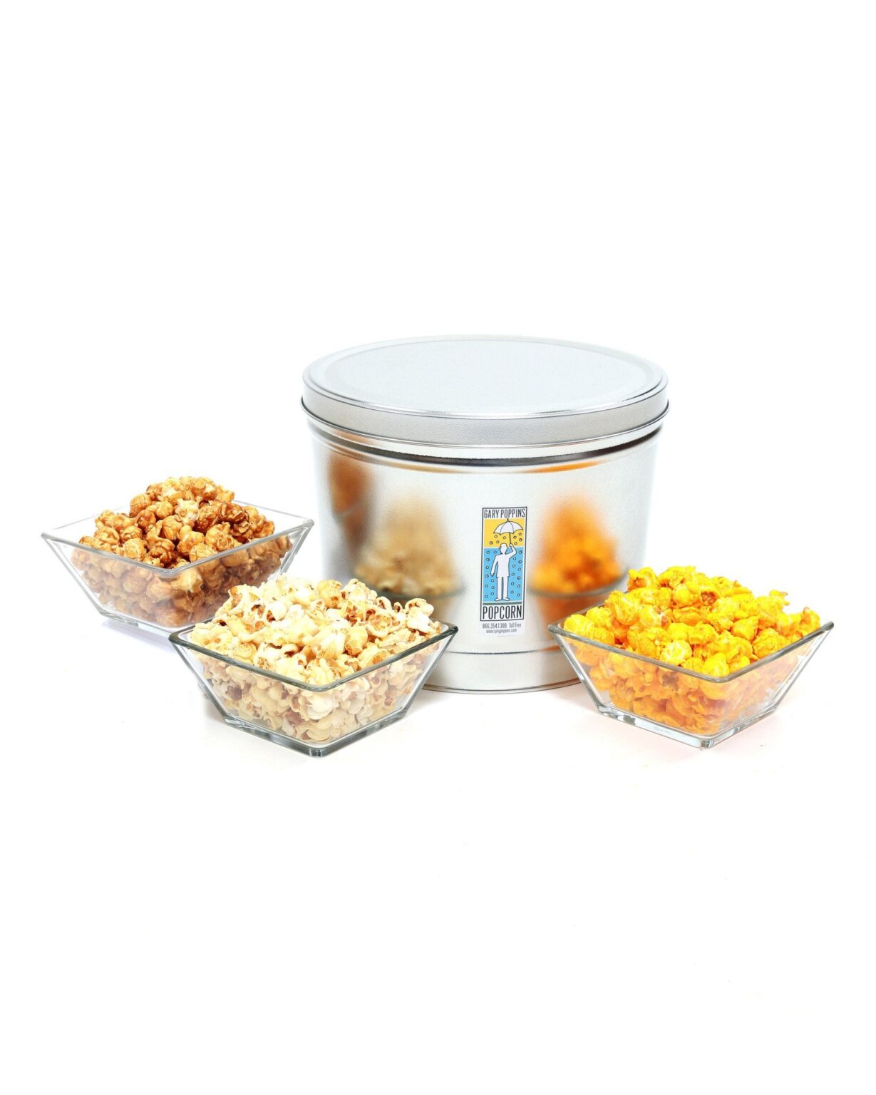 Caramel, Cheddar, Kettle Gourmet Popcorn 2 Gal Tin Divided from